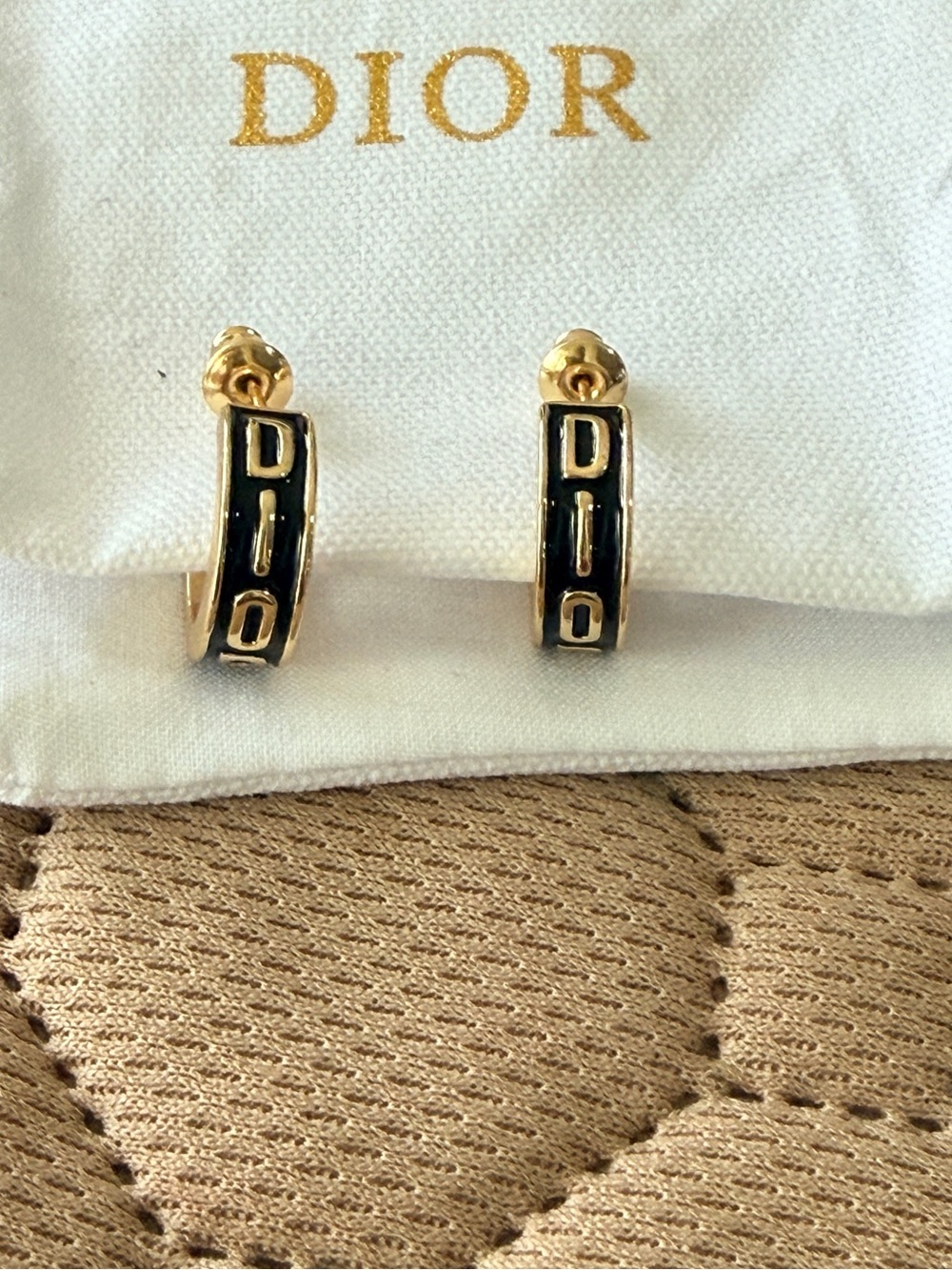 Dior black enamel & gold
huggie earrings. Stamped, gold tone
W/Dior dust bag EUC